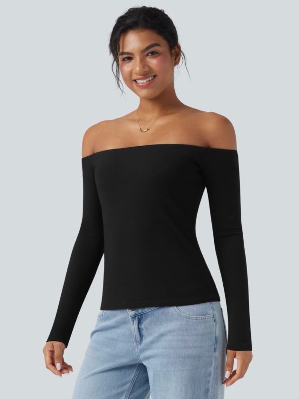 Ribbed Knit Off Shoulder Long Sleeve 2-in-1 Casual Top - Picture 8 of 8